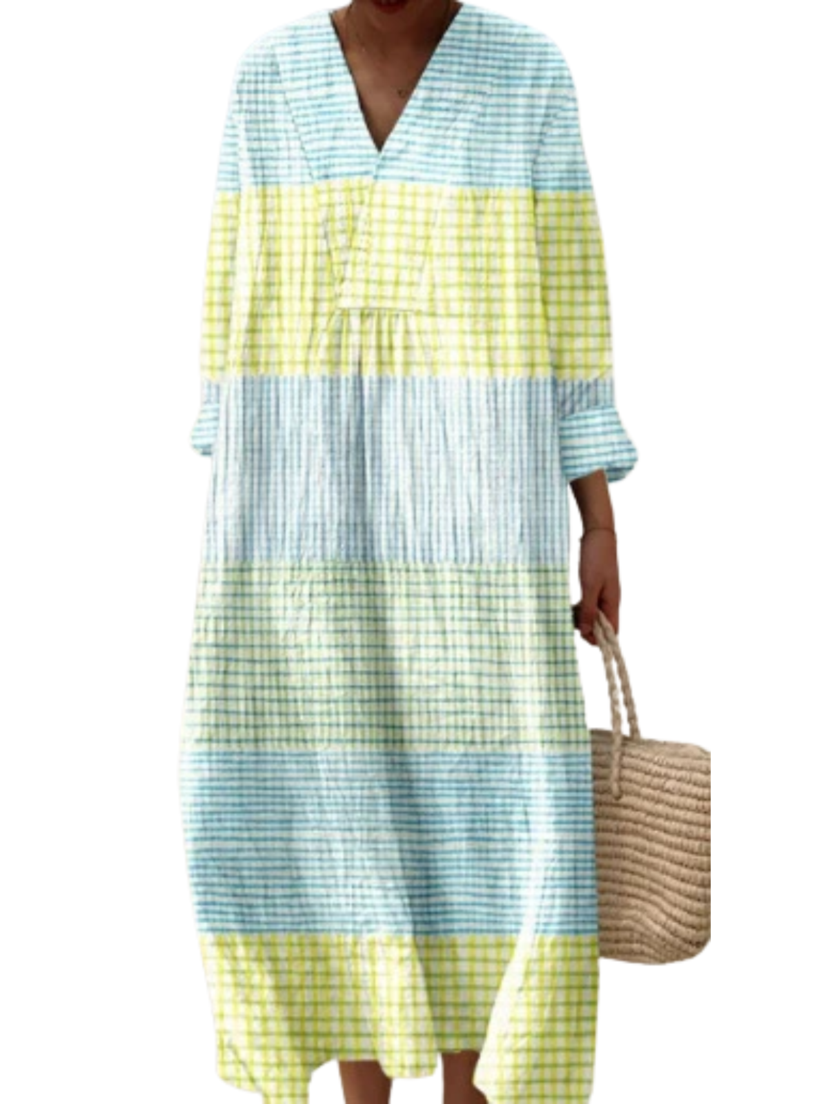 ❤️ Fête des Mères – Robe midi coton-lin, col V, motifs patchwork