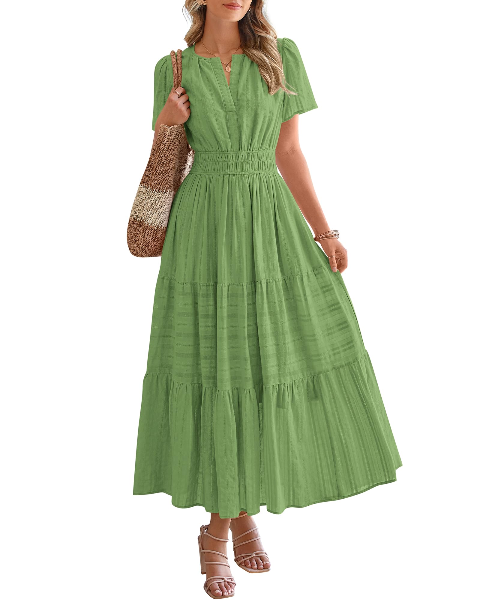 Robe midi coton-lin – Col V, volants superposés, coupe femme