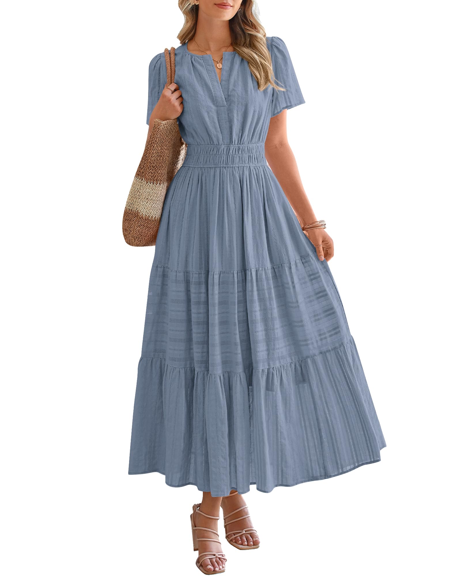 Robe midi coton-lin – Col V, volants superposés, coupe femme