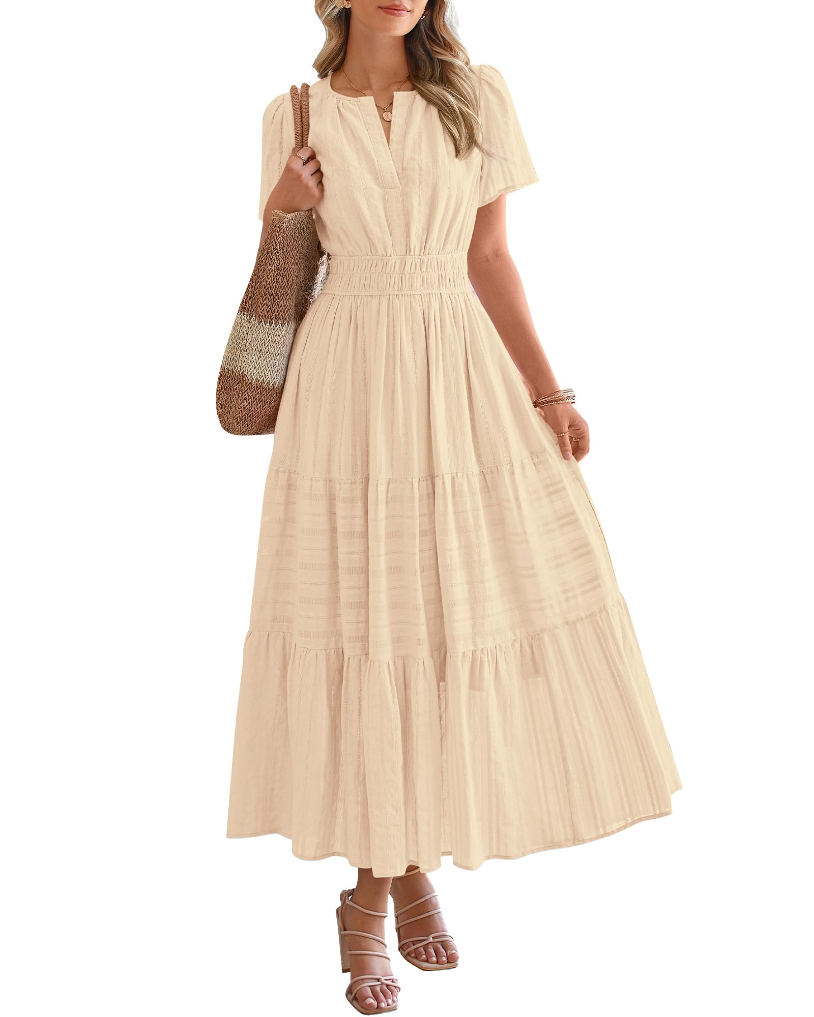 Robe midi coton-lin – Col V, volants superposés, coupe femme