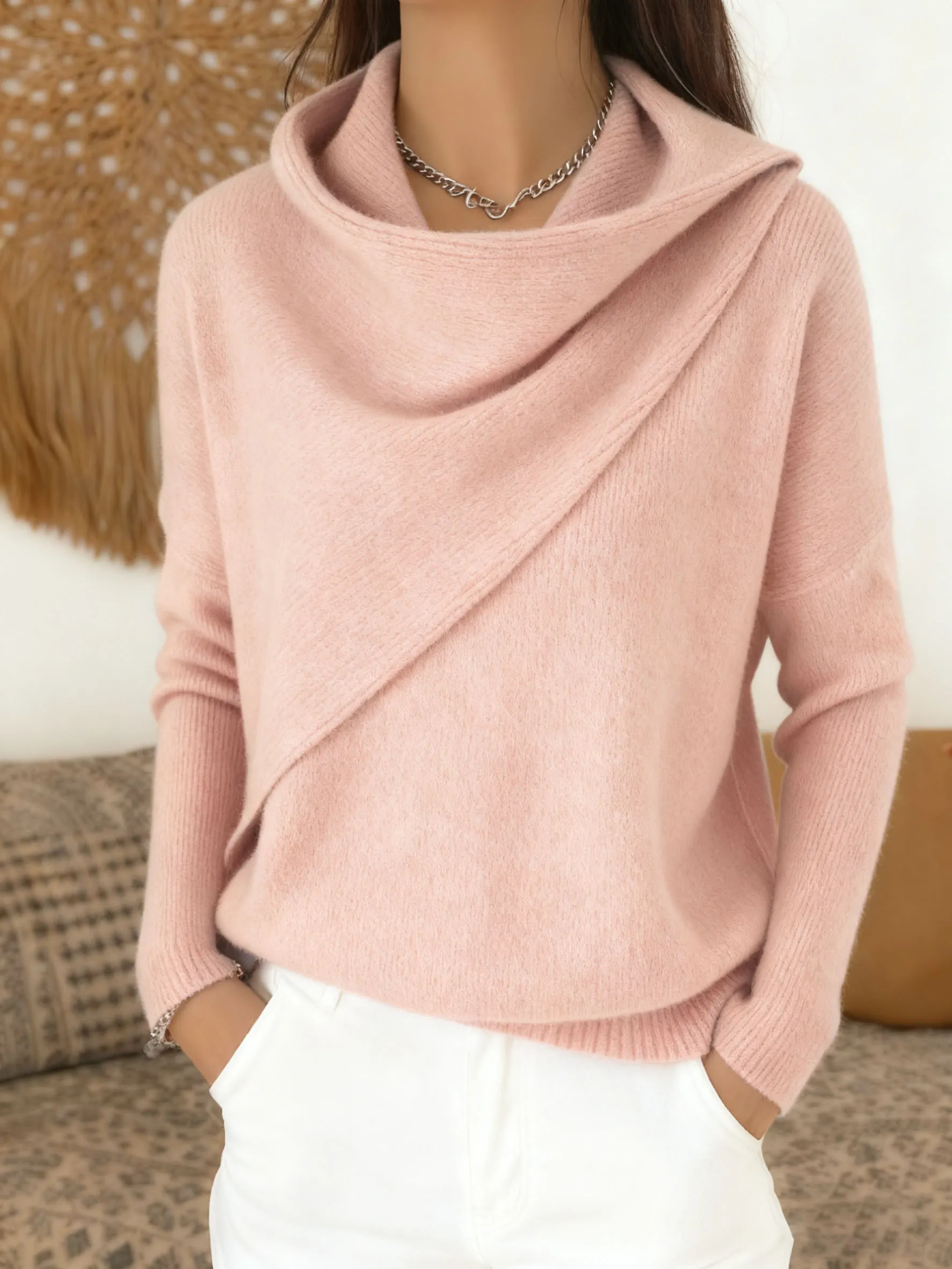 Pull femme uni à col volanté, tissu doux