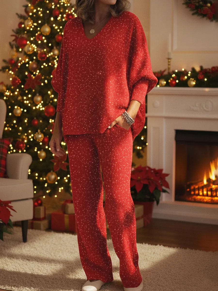🔥 LIQUIDATION – Ensemble 2 pièces col V, tricot pailleté Noël + pantalon
