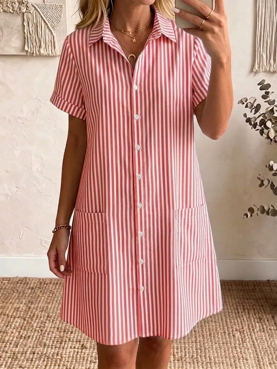 🔥 -49 % aujourd'hui – Robe chemise coton-lin, col classique, rayée, coupe confortable