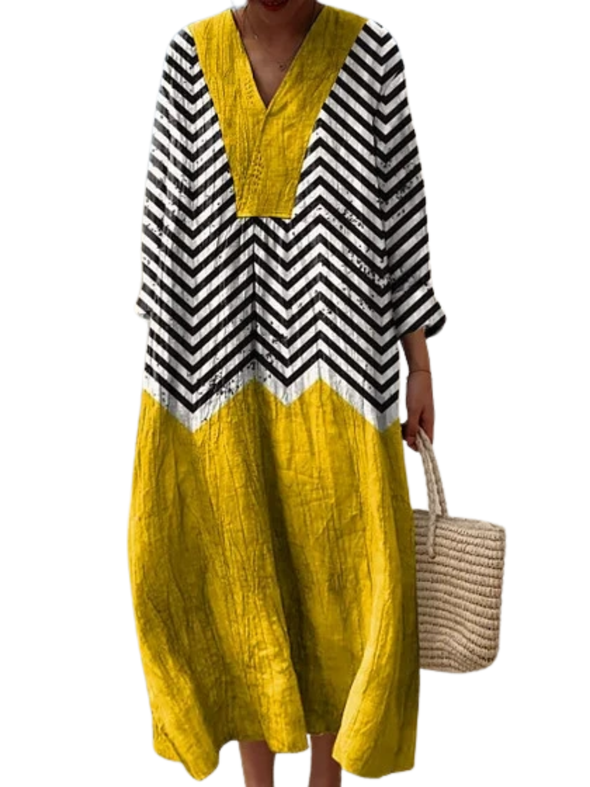 ❤️ Fête des Mères – Robe midi coton-lin, col V, motifs patchwork