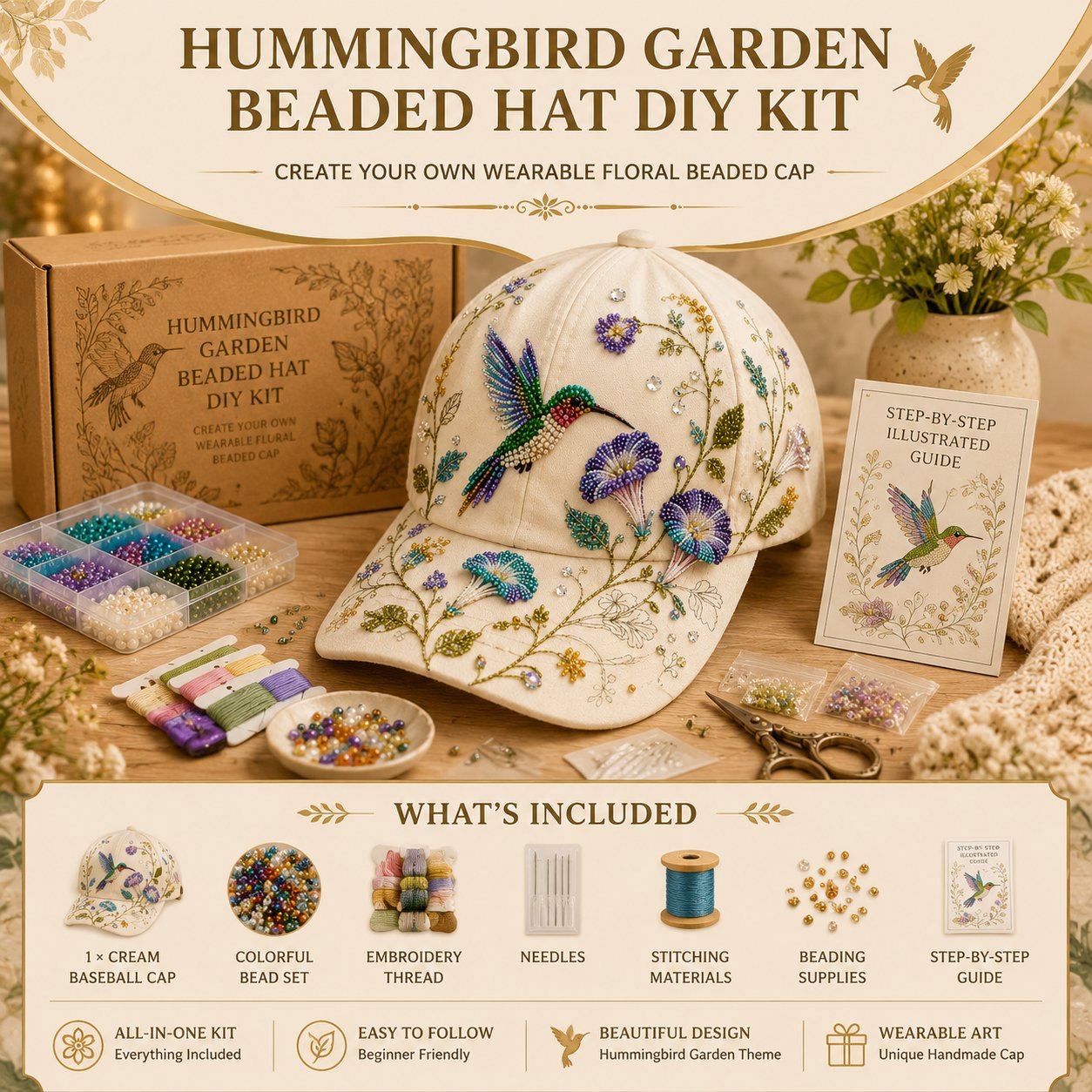 🧢🌸 Kit DIY Chapeau de Jardin Colibri Premium | Toile luxe, perles anti-rayures indécolorables🌿🪡✨