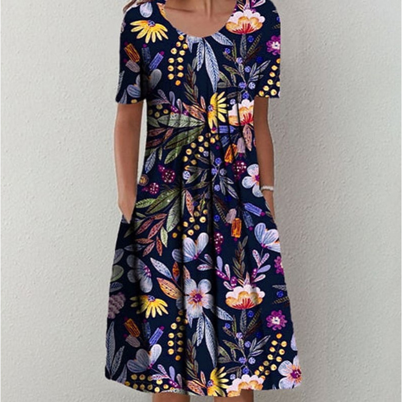 Robe femme col rond, manches courtes et imprimé floral
