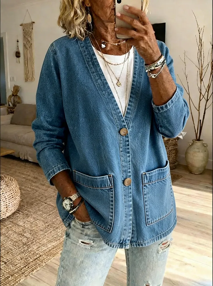 Veste denim lavé – Col V, coupe relax