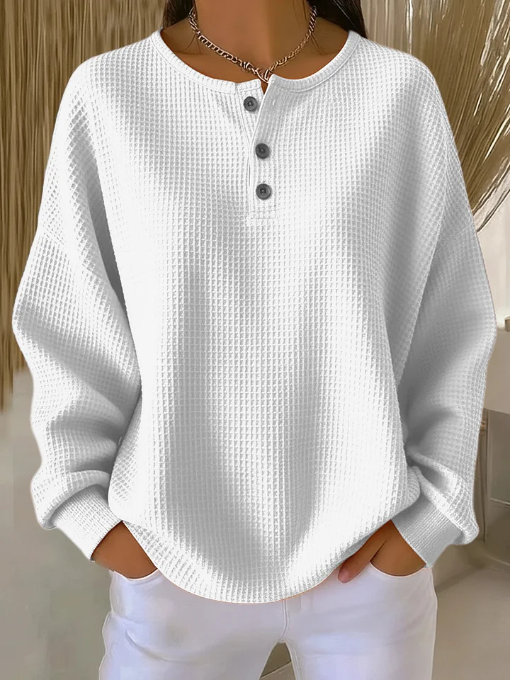 Nouveautés 🔥 Sweat à capuche décontracté femme, col Henley, maille gaufrée
