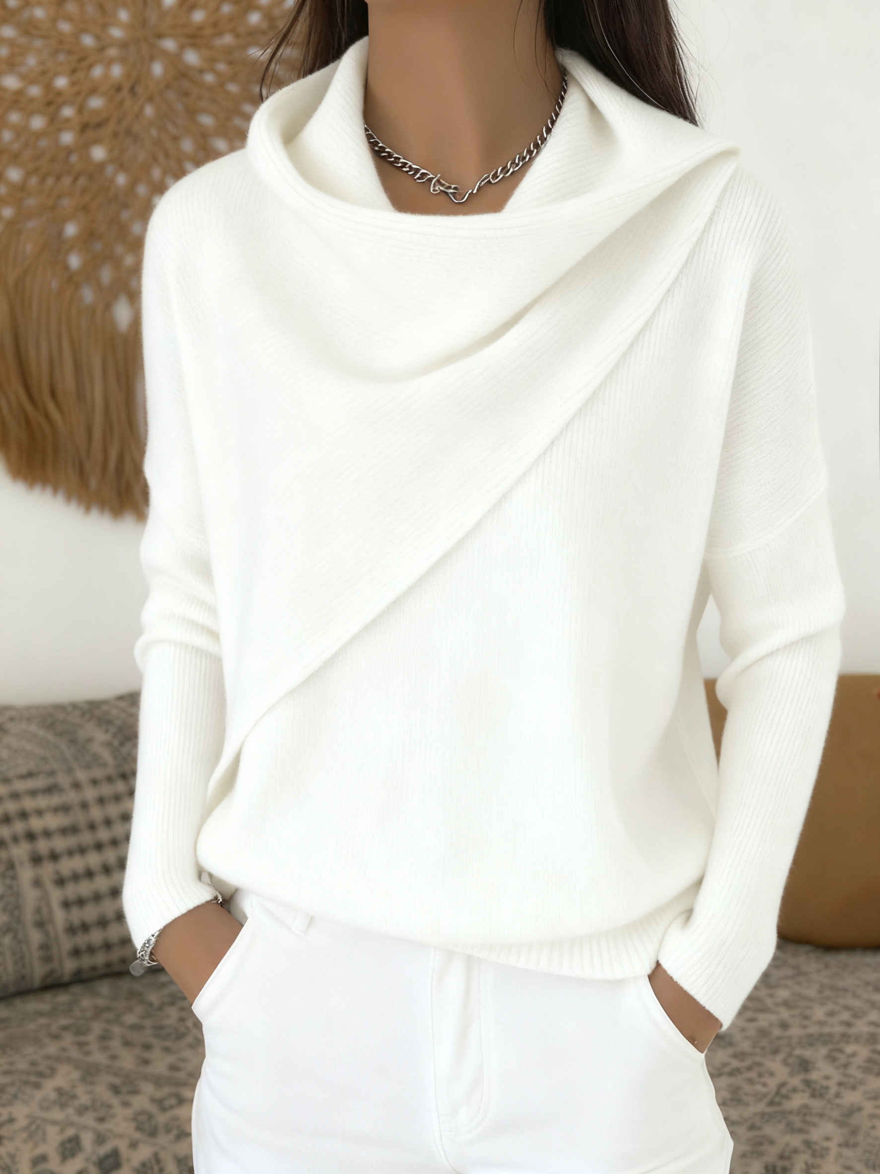 Pull femme uni à col volanté, tissu doux