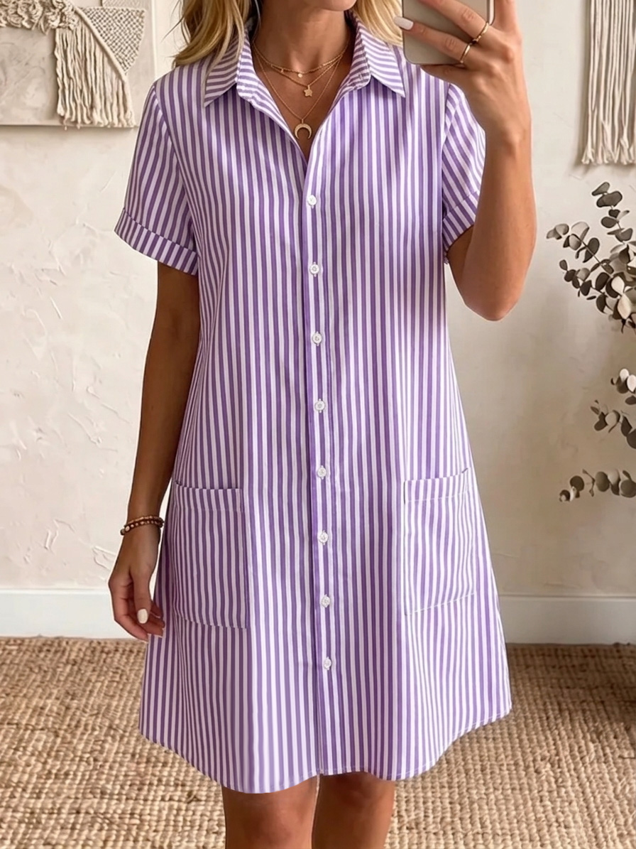 🔥 -49 % aujourd'hui – Robe chemise coton-lin, col classique, rayée, coupe confortable