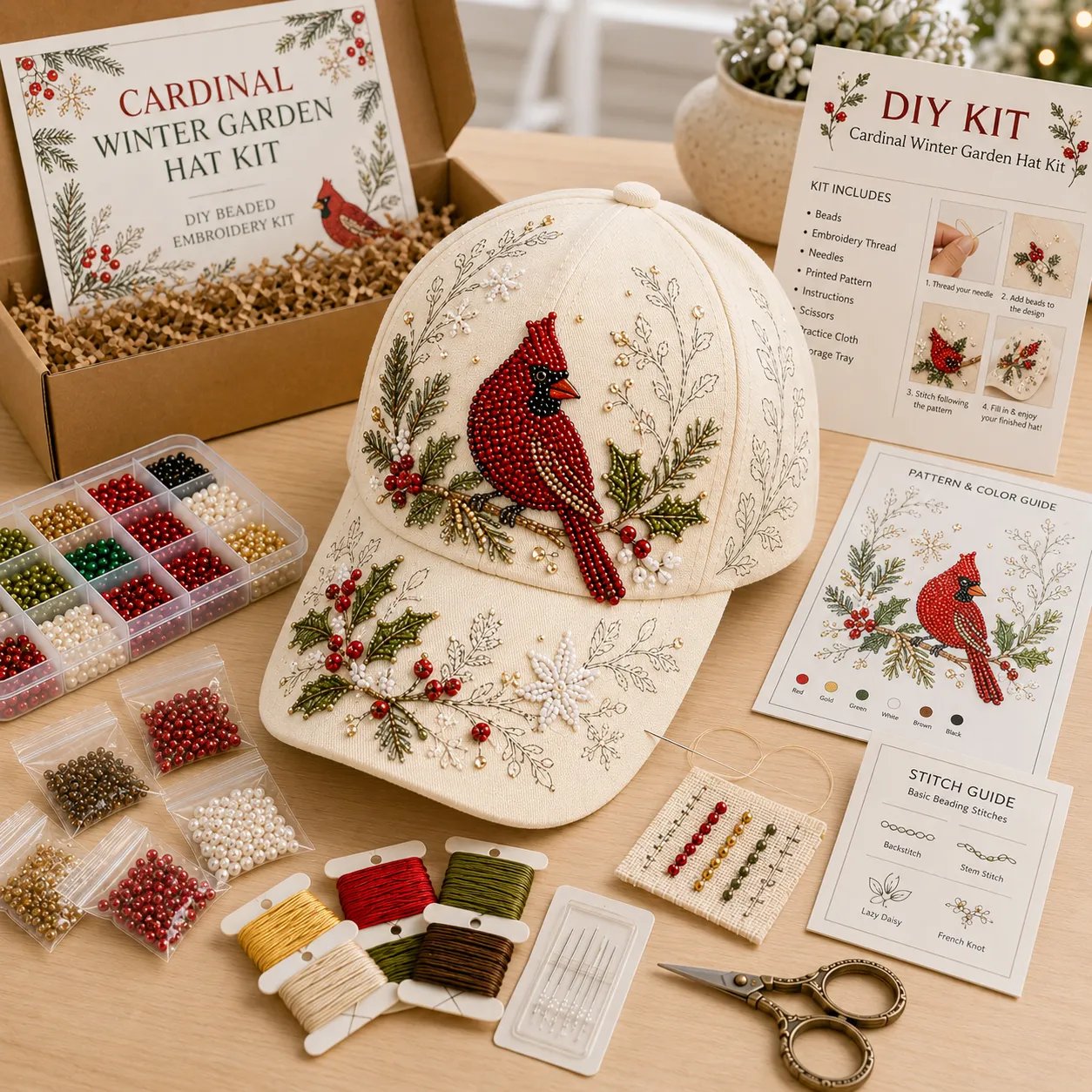 🧢🌸 Kit DIY Chapeau de Jardin Colibri Premium | Toile luxe, perles anti-rayures indécolorables🌿🪡✨