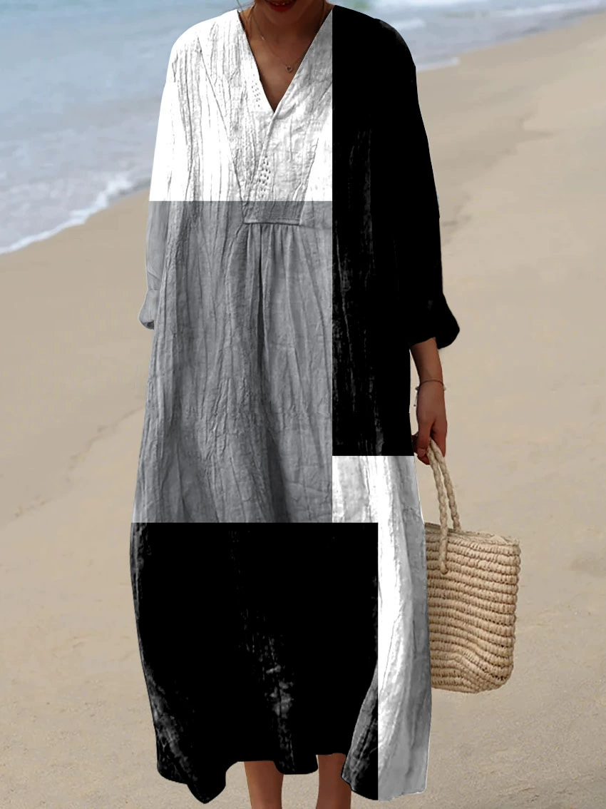 ❤️ Fête des Mères – Robe midi coton-lin, col V, motifs patchwork