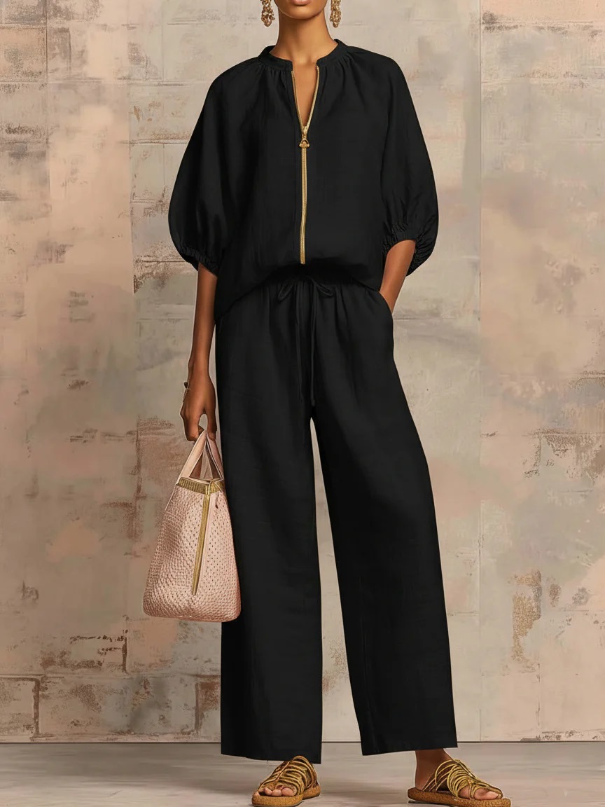 🔥 Nouveauté – Ensemble 2 pièces coton-lin, chemise zippée stylée + pantalon à larges jambes