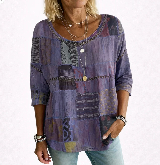 Blouse décontractée vintage pour femme, imprimé abstrait et coupe ample