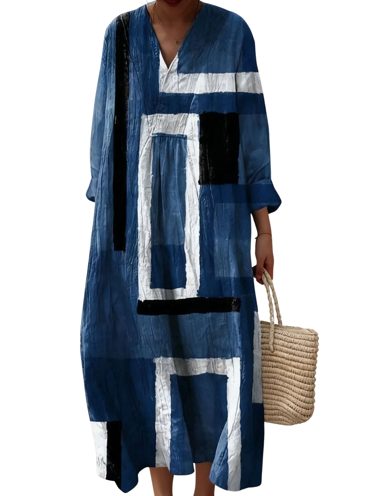 ❤️ Fête des Mères – Robe midi coton-lin, col V, motifs patchwork
