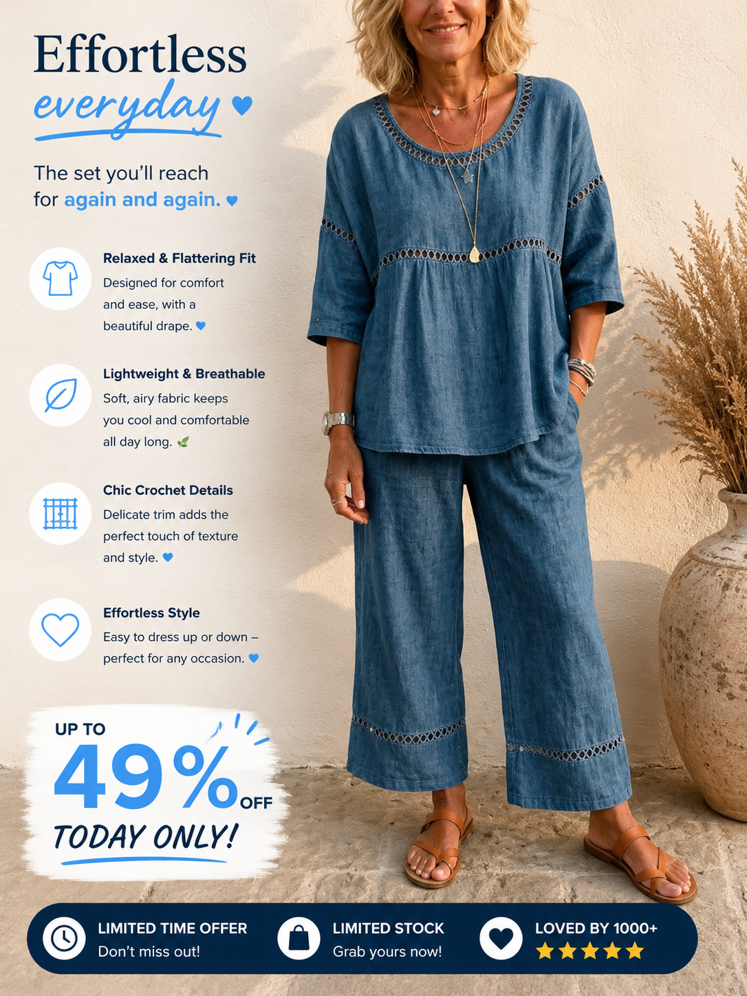 Ensemble 2 pièces coton-lin / denim – Coupe large, style décontracté