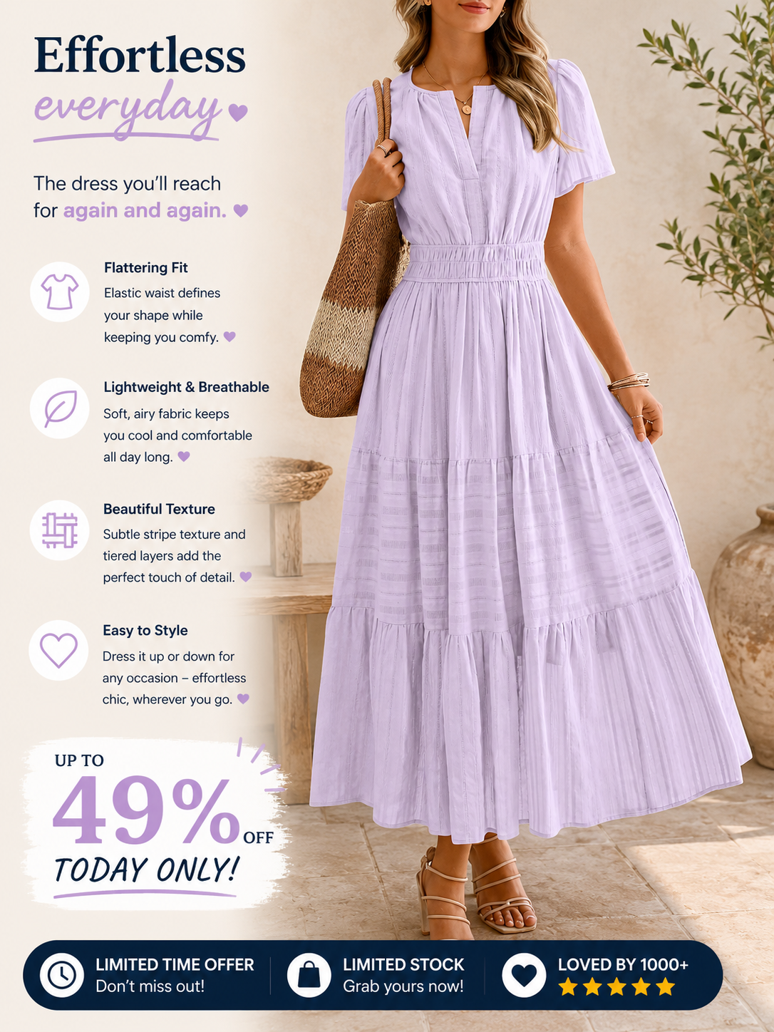 Robe midi coton-lin – Col V, volants superposés, coupe femme