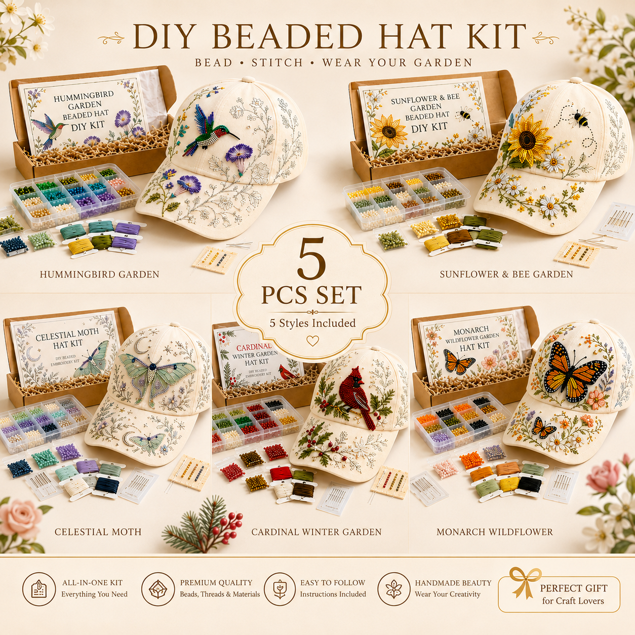 🧢🌸 Kit DIY Chapeau de Jardin Colibri Premium | Toile luxe, perles anti-rayures indécolorables🌿🪡✨
