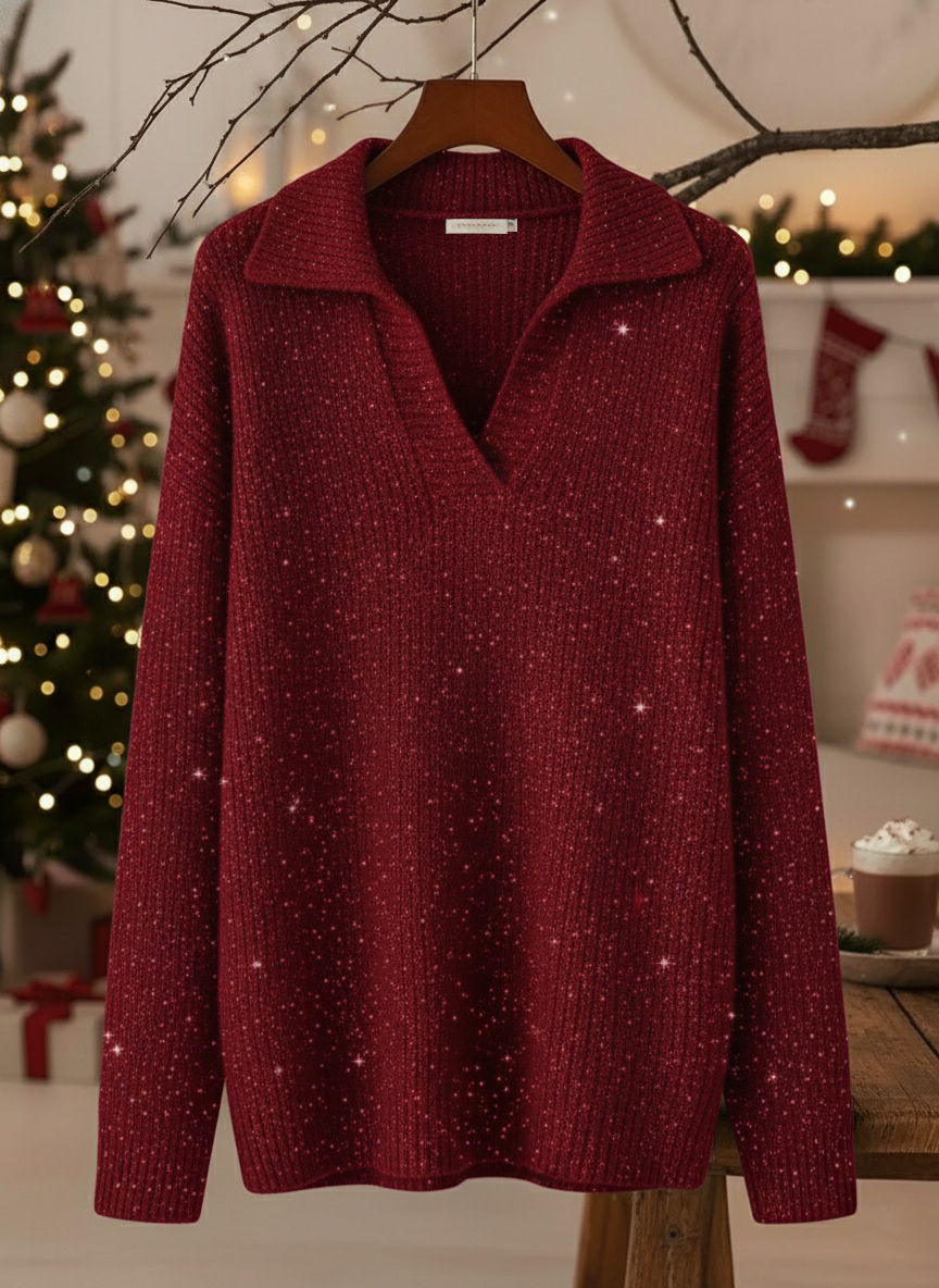 🎄 Nouveautés 🔥 Pull ample brillant à col polo pour soirée de Noël