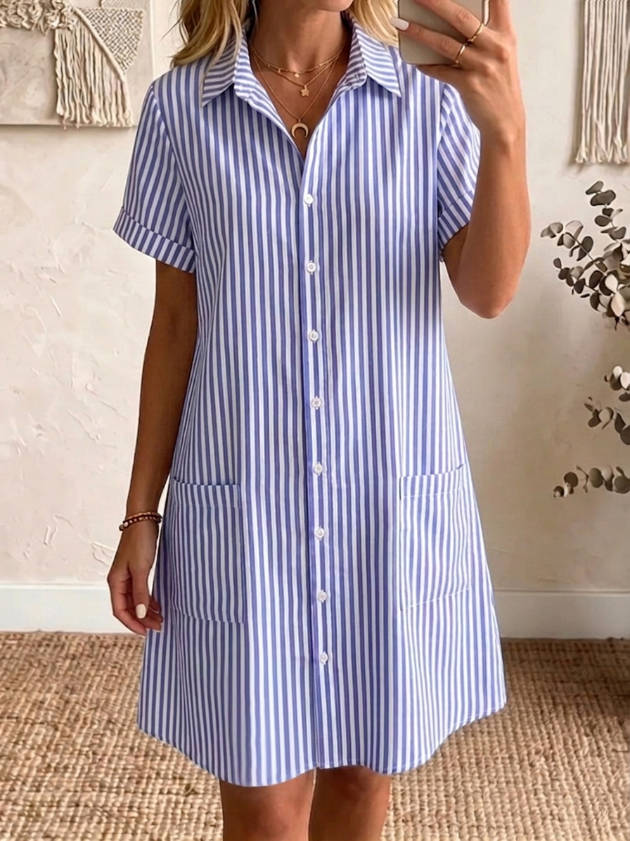 🔥 -49 % aujourd'hui – Robe chemise coton-lin, col classique, rayée, coupe confortable