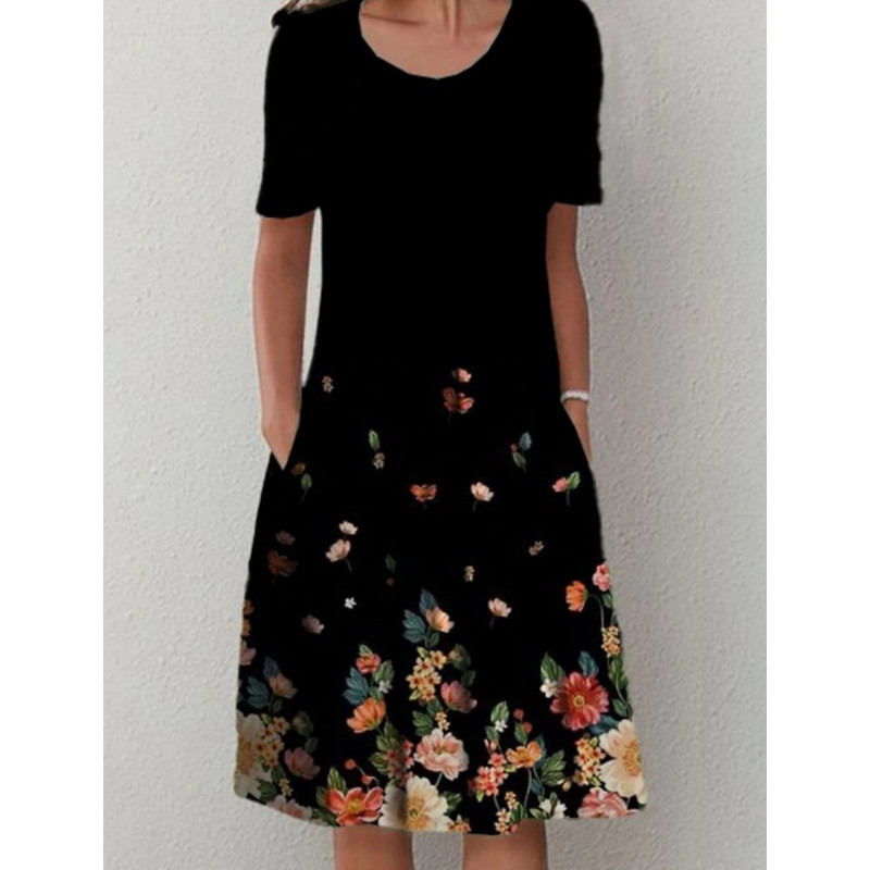 Robe femme col rond, manches courtes et imprimé floral