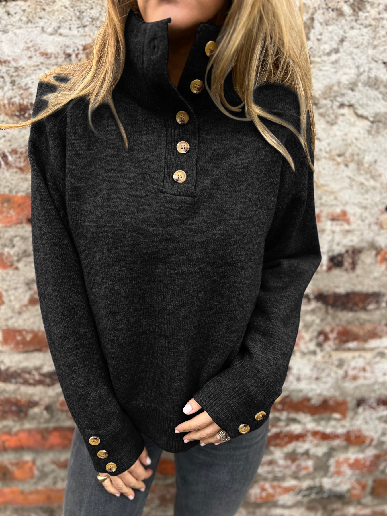Soldes déstockage 2025 🔥 Sweat femme à col haut avec boutons design exclusif
