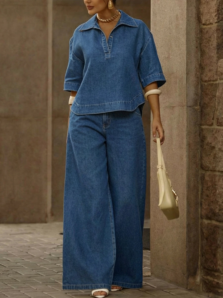 💝💝 Ensemble deux pièces femme – Haut en denim 100 % coton et pantalon à jambe large, style décontracté