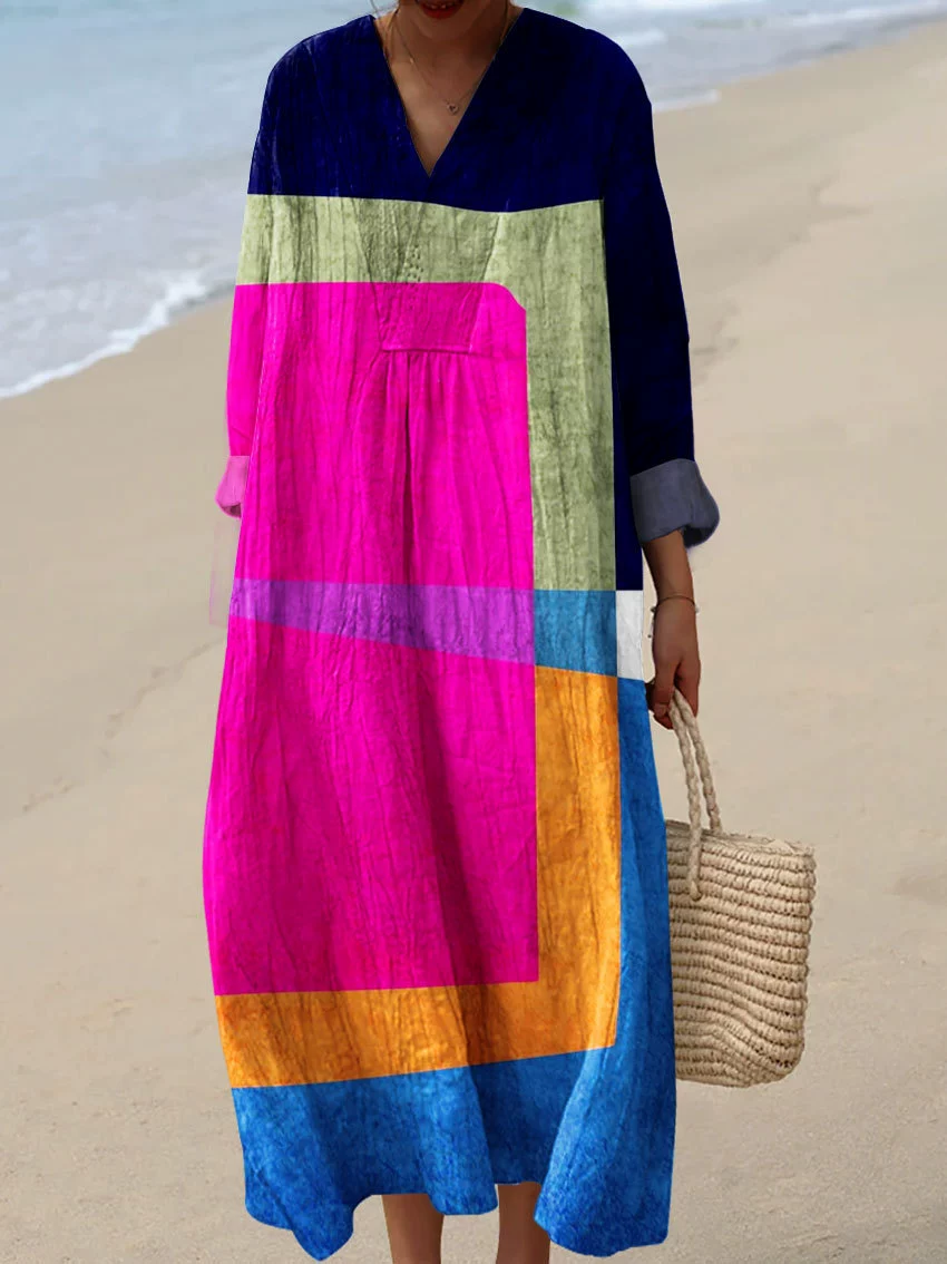 ❤️ Fête des Mères – Robe midi coton-lin, col V, motifs patchwork