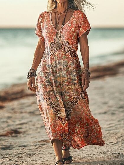 Robe décontractée femme à manches courtes, imprimé floral printanier et col V