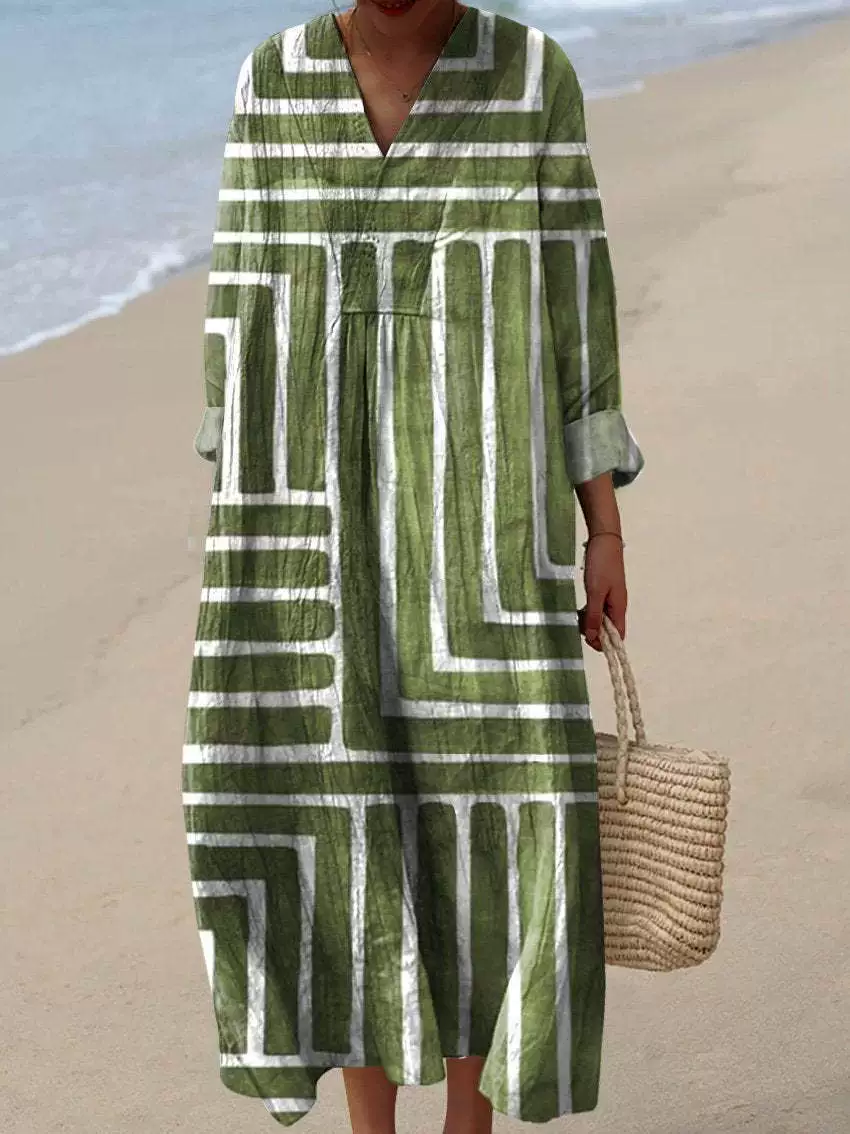❤️ Fête des Mères – Robe midi coton-lin, col V, motifs patchwork