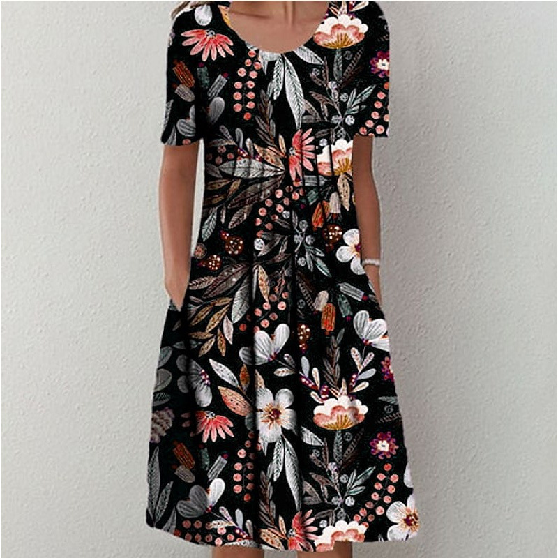 Robe femme col rond, manches courtes et imprimé floral