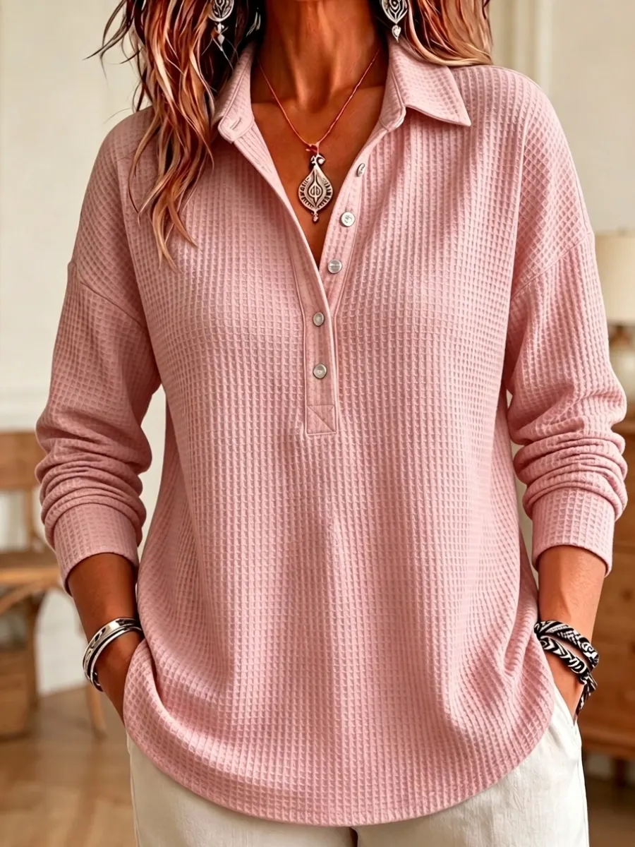 Nouveauté 🔥 Haut femme maille gaufrée – Col Henley, manches longues, style décontracté
