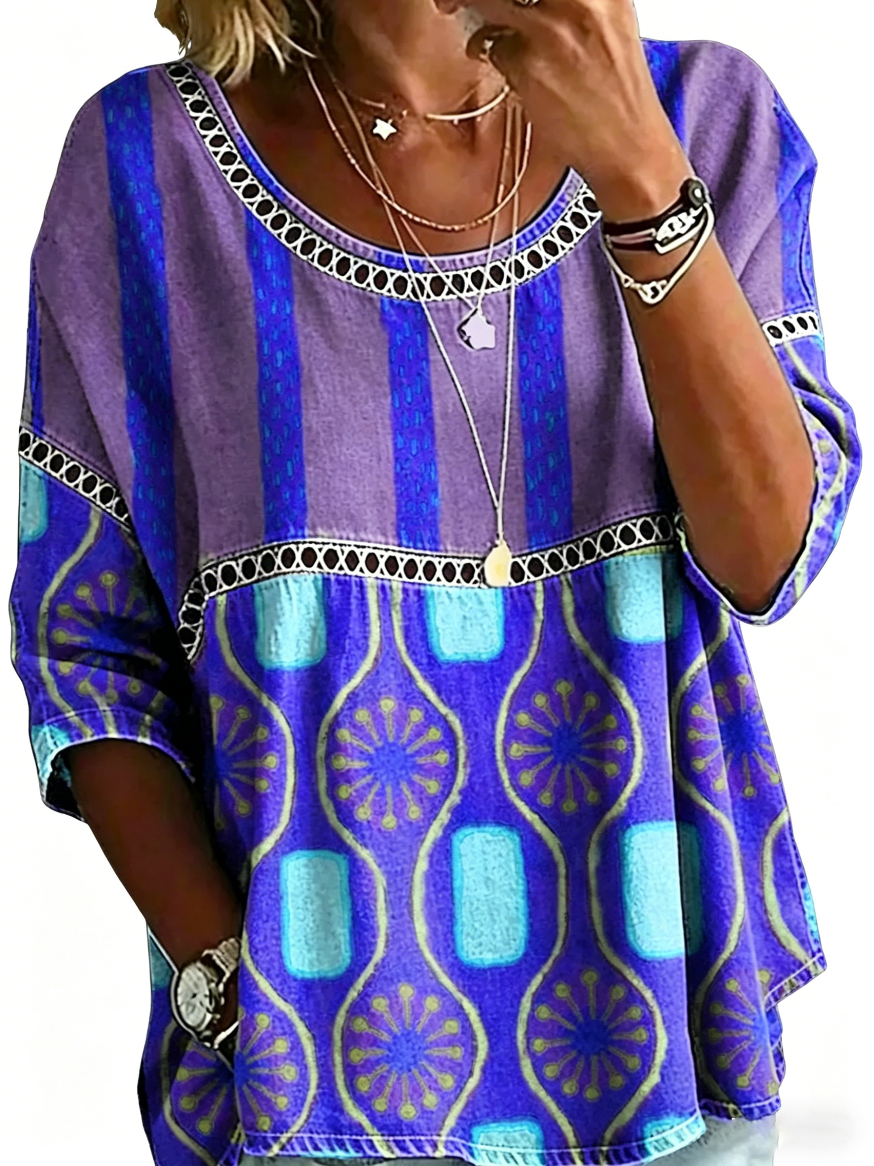 Blouse décontractée vintage pour femme, imprimé abstrait et coupe ample