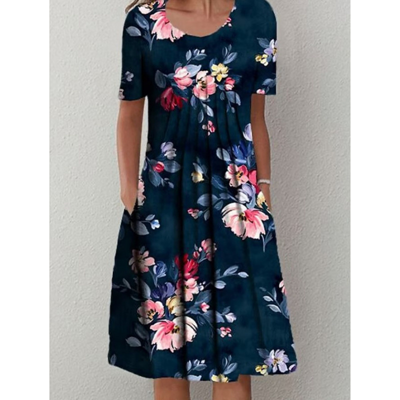 Robe femme col rond, manches courtes et imprimé floral