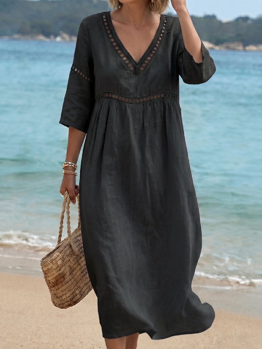 🌷🌷 Robe maxi décontractée femme – Art patchwork en denim et organza, col rétro
