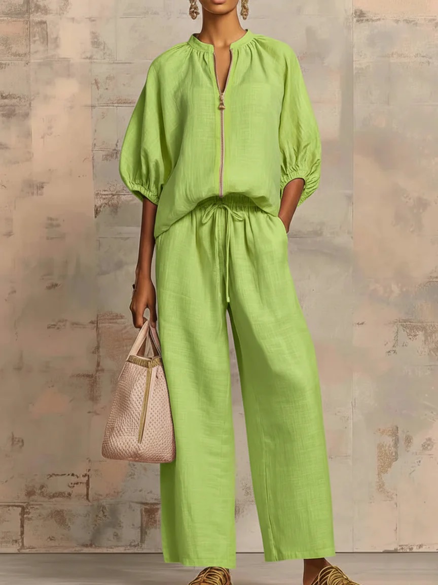 🔥 Nouveauté – Ensemble 2 pièces coton-lin, chemise zippée stylée + pantalon à larges jambes