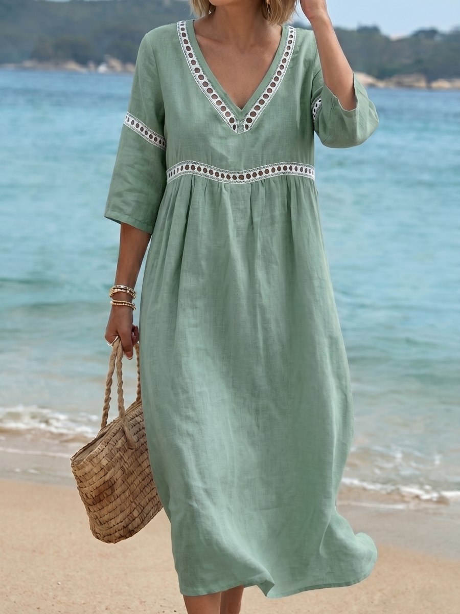 🌷🌷 Robe maxi décontractée femme – Art patchwork en denim et organza, col rétro