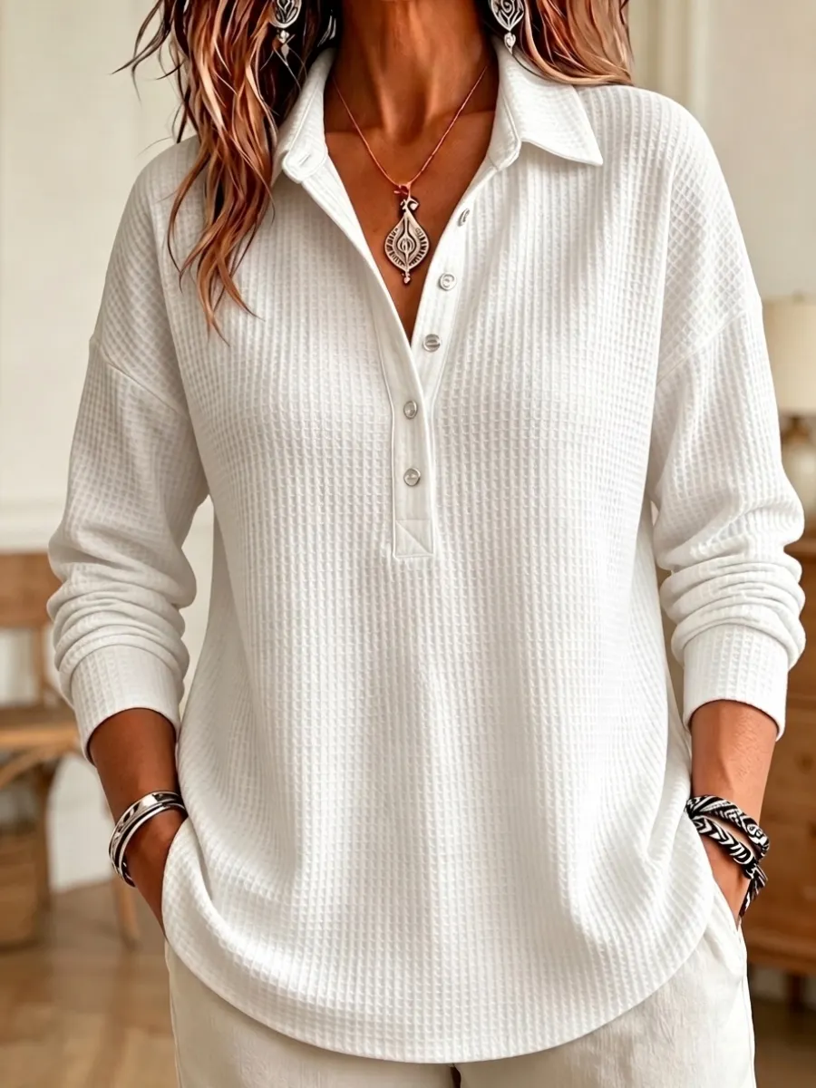 Nouveauté 🔥 Haut femme maille gaufrée – Col Henley, manches longues, style décontracté