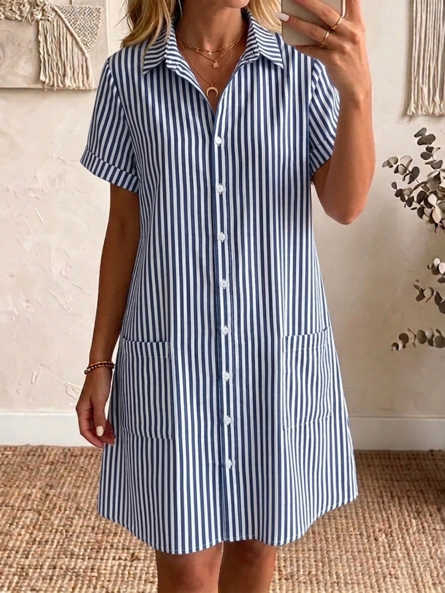 🔥 -49 % aujourd'hui – Robe chemise coton-lin, col classique, rayée, coupe confortable
