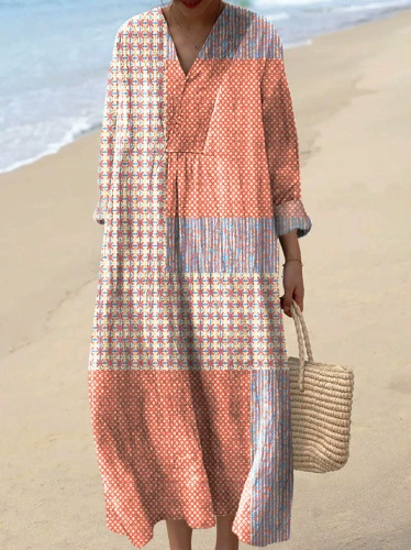 ❤️ Fête des Mères – Robe midi coton-lin, col V, motifs patchwork