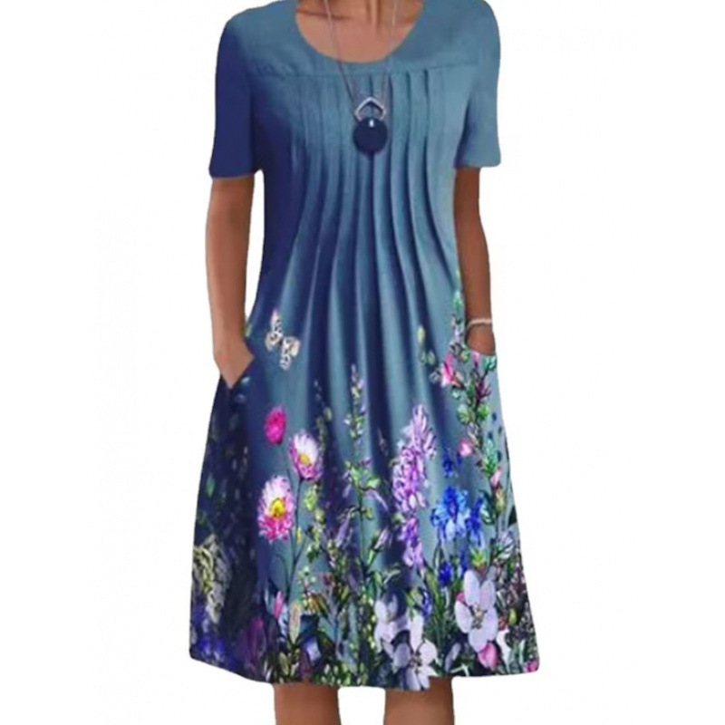 Robe femme col rond, manches courtes et imprimé floral