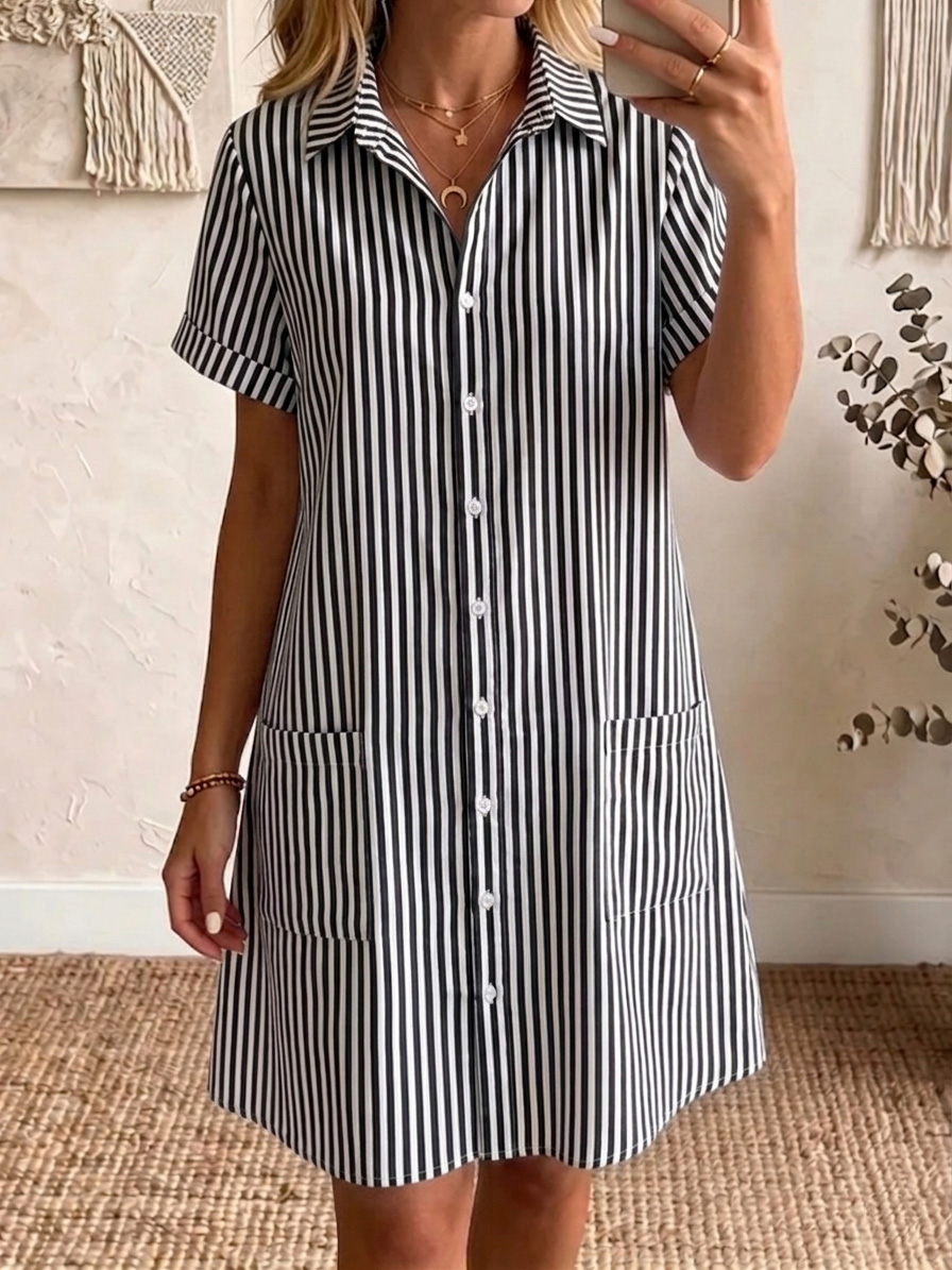 🔥 -49 % aujourd'hui – Robe chemise coton-lin, col classique, rayée, coupe confortable