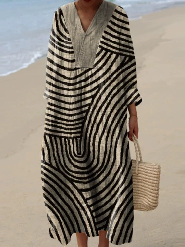 ❤️ Fête des Mères – Robe midi coton-lin, col V, motifs patchwork