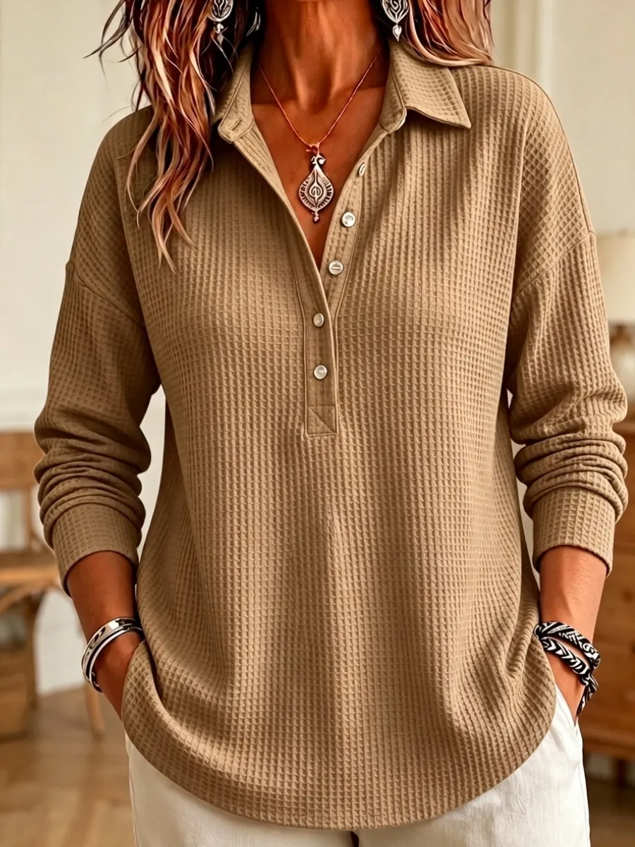 Nouveauté 🔥 Haut femme maille gaufrée – Col Henley, manches longues, style décontracté
