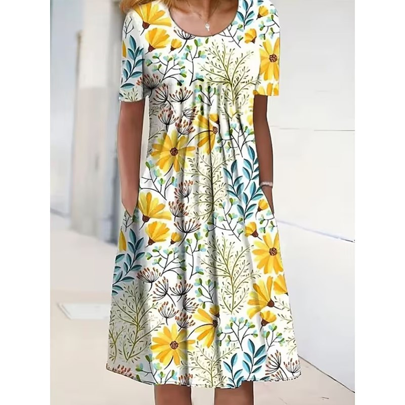 Robe femme col rond, manches courtes et imprimé floral