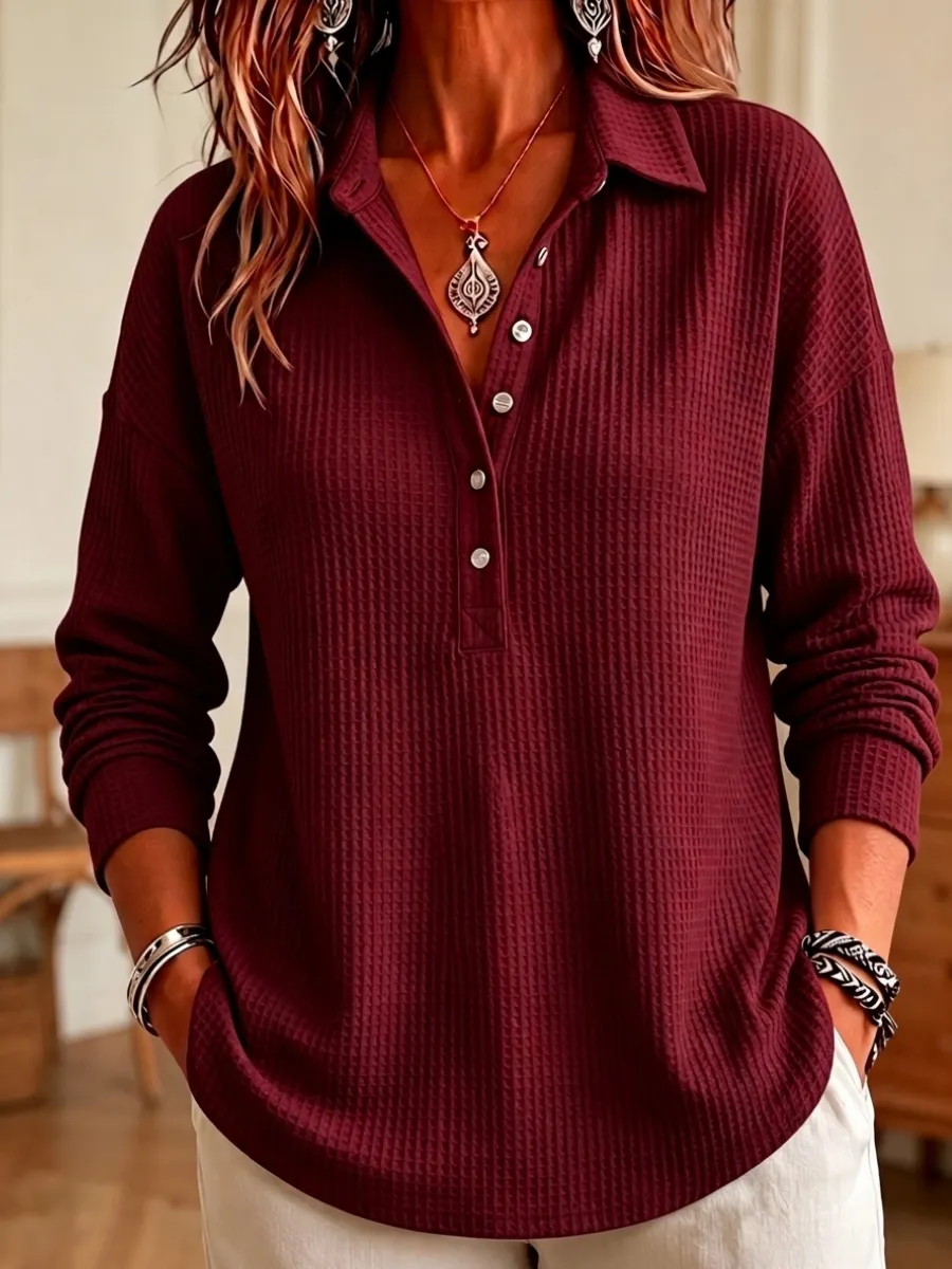 Nouveauté 🔥 Haut femme maille gaufrée – Col Henley, manches longues, style décontracté