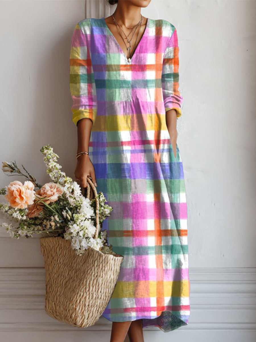 Robe midi coton-lin – Col V, plaid bicolore, style colorblock