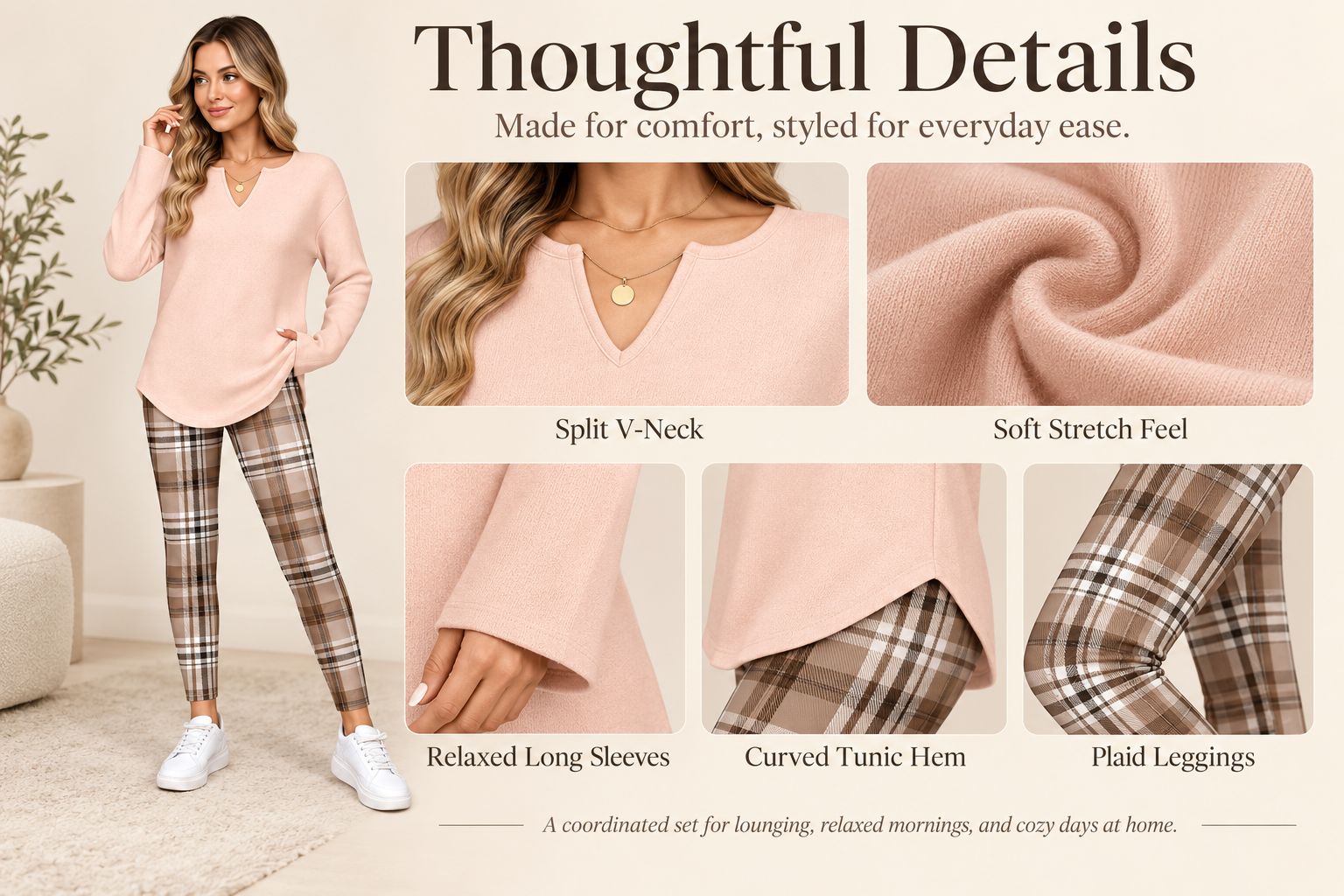 360 degree product view front side back of the plaid lounge set