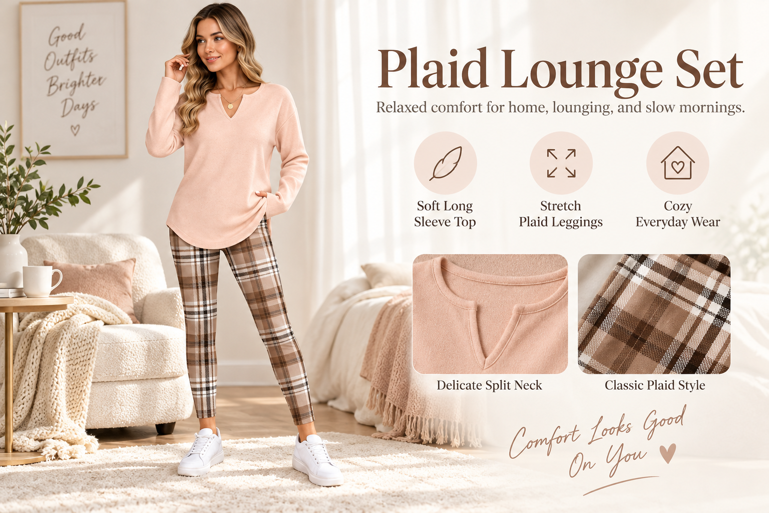 Plaid lounge set worn with white sneakers in a cozy home setting