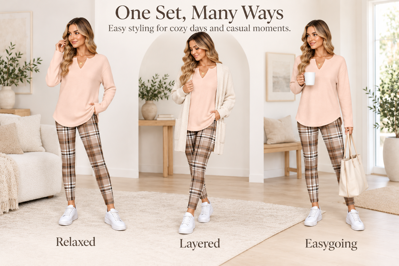 Thoughtful details: split V neck, soft stretch feel, relaxed long sleeves, curved tunic hem, plaid leggings